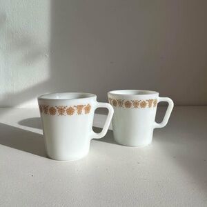 Pyrex, No. 1410, Milk Glass Butterfly | Gold Coffee Mug w Handle, (Set of 2)